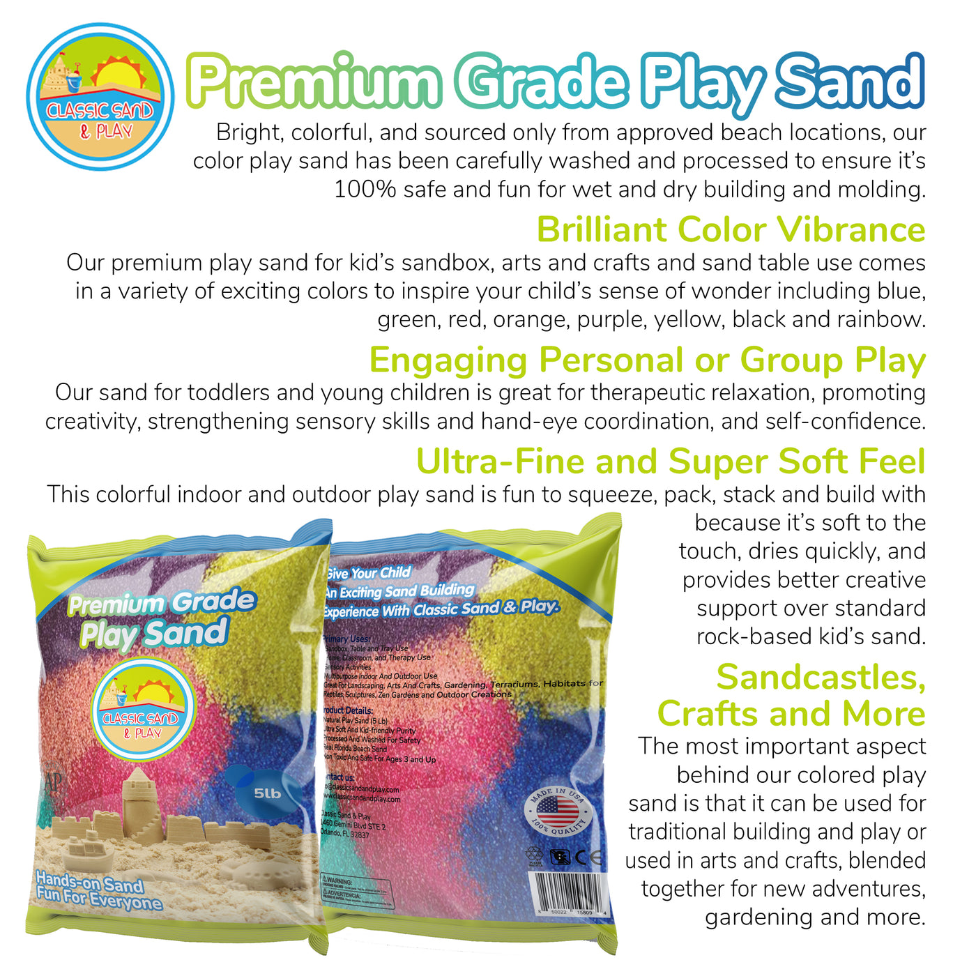 Color Fun Sand Classic Sand and Play Colored Play Sand, 5 lb. Bag, Natural and Non-To ...